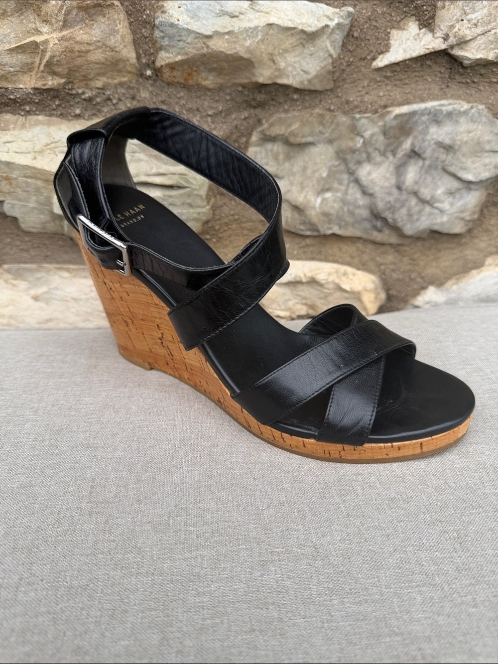 Cole Haan Black Leather Cork Wedge Sandals size 8